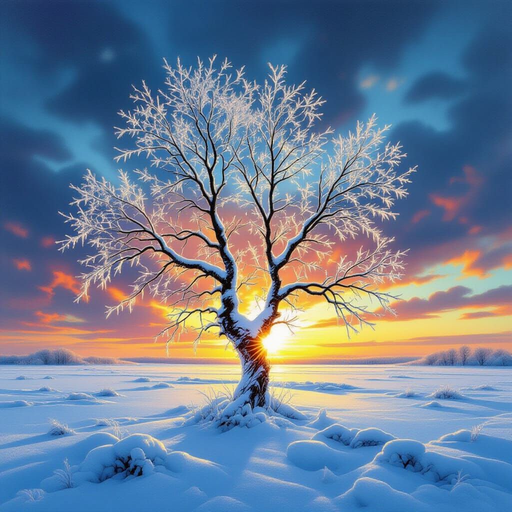 Frozen Tree in Surreal Landscape, a Dreamlike Vision