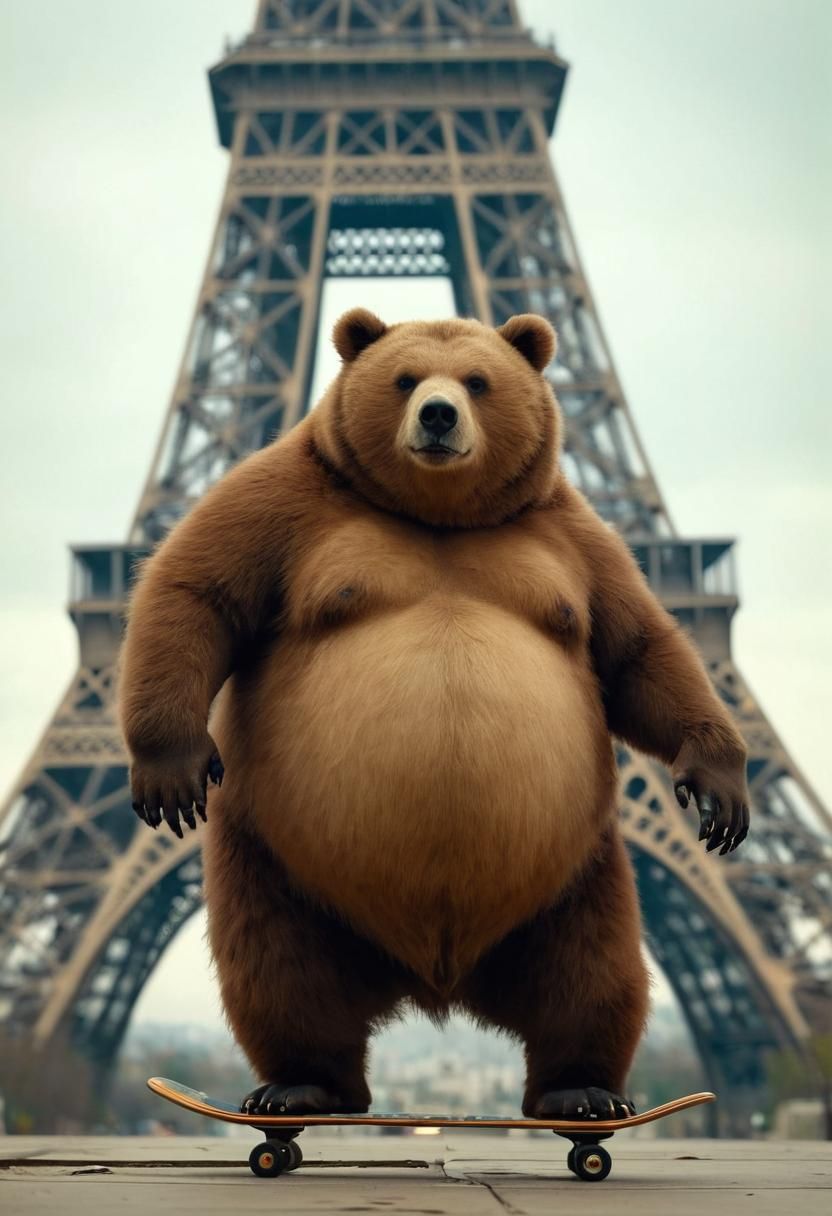 Sarcastic Obese Bear Skateboarding near Eiffel Tower