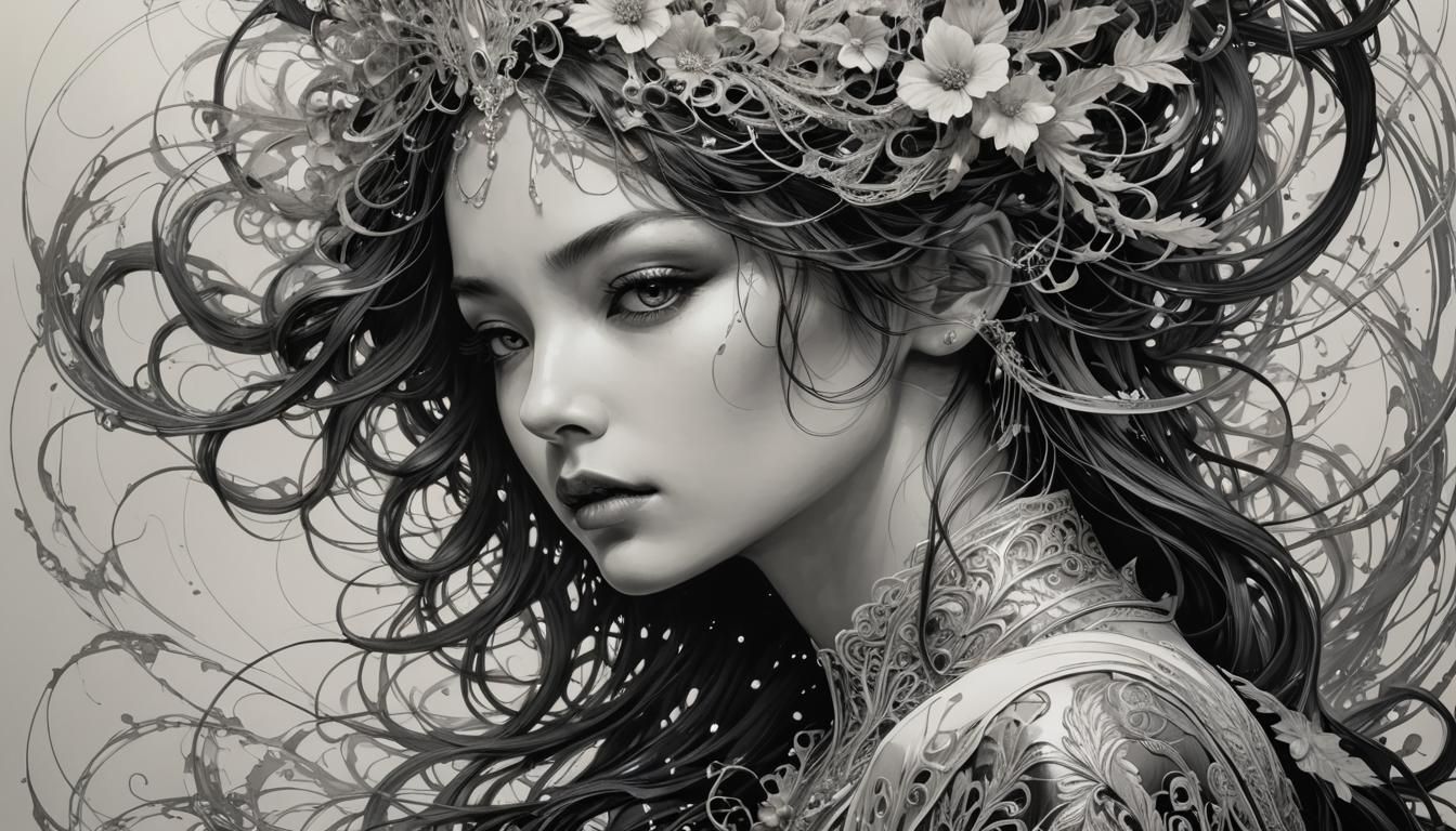 Ethereal Woman: Detailed Black and White Ink Portrait