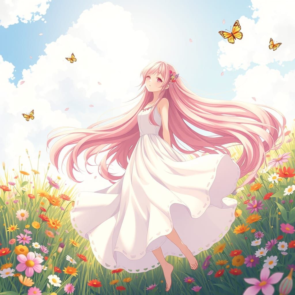 Anime Girl Dancing in Meadow, Ghibli Style