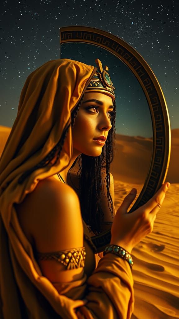 Egyptian Priestess Contemplates Timeless Visions in Starry N...