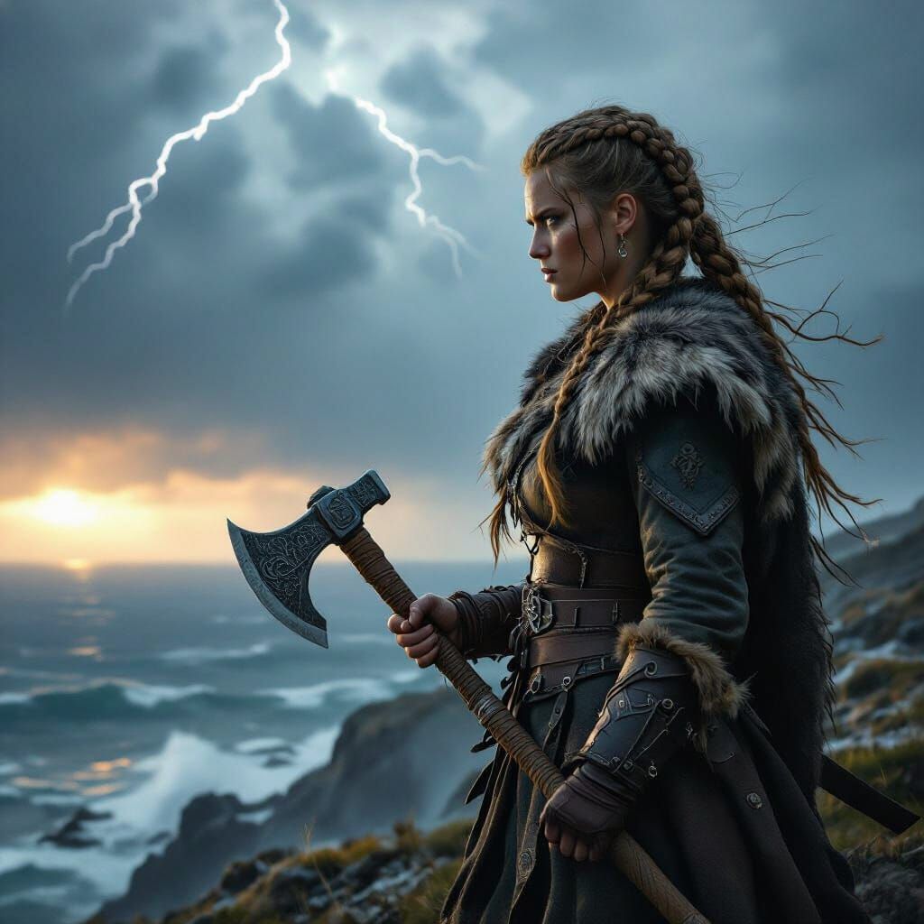 Viking Warrior Woman on Stormy Cliff Overlooking Sea