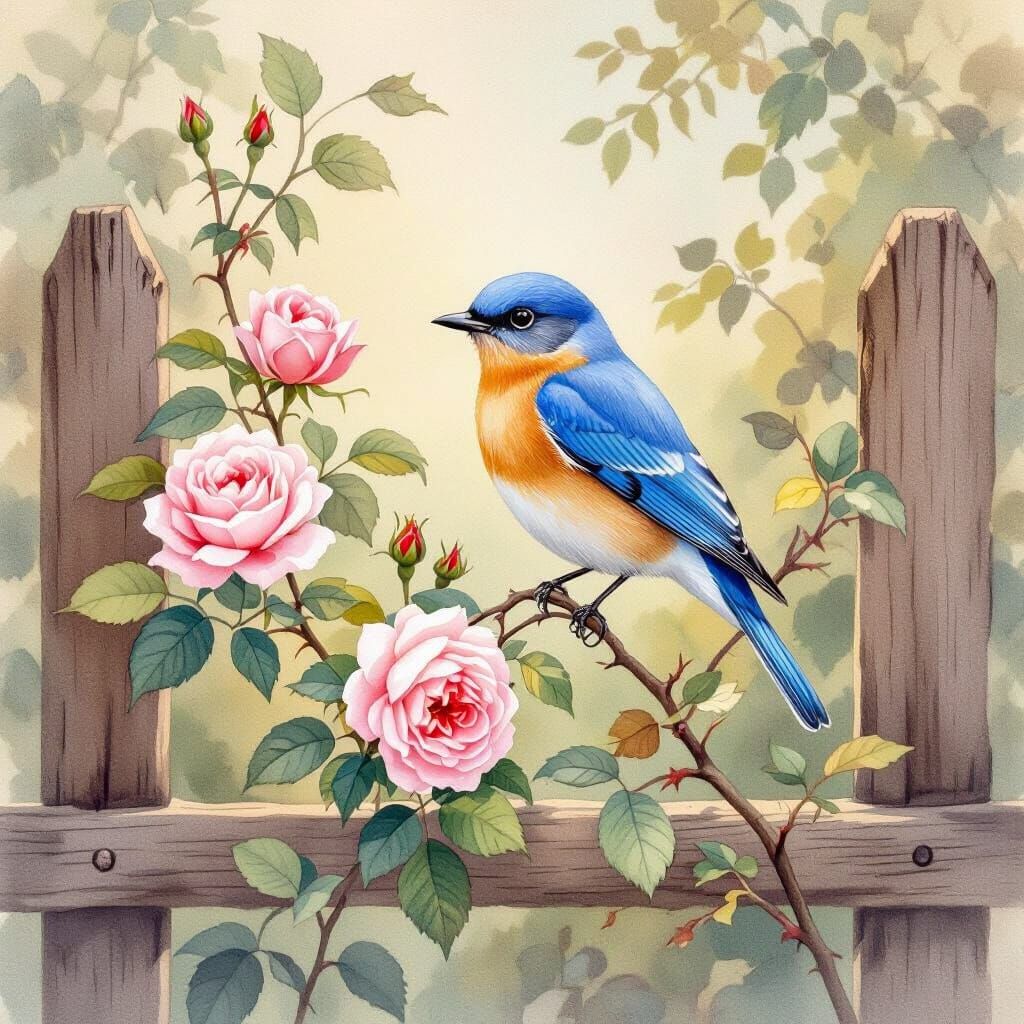 Eastern Bluebird Watercolor Painting on Rose Branch