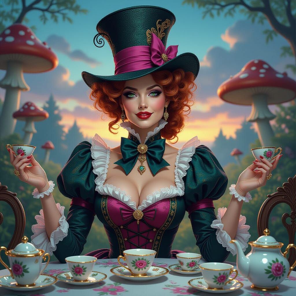 Whimsical Mad Hatter Woman in Victorian Gown at Surreal Tea ...