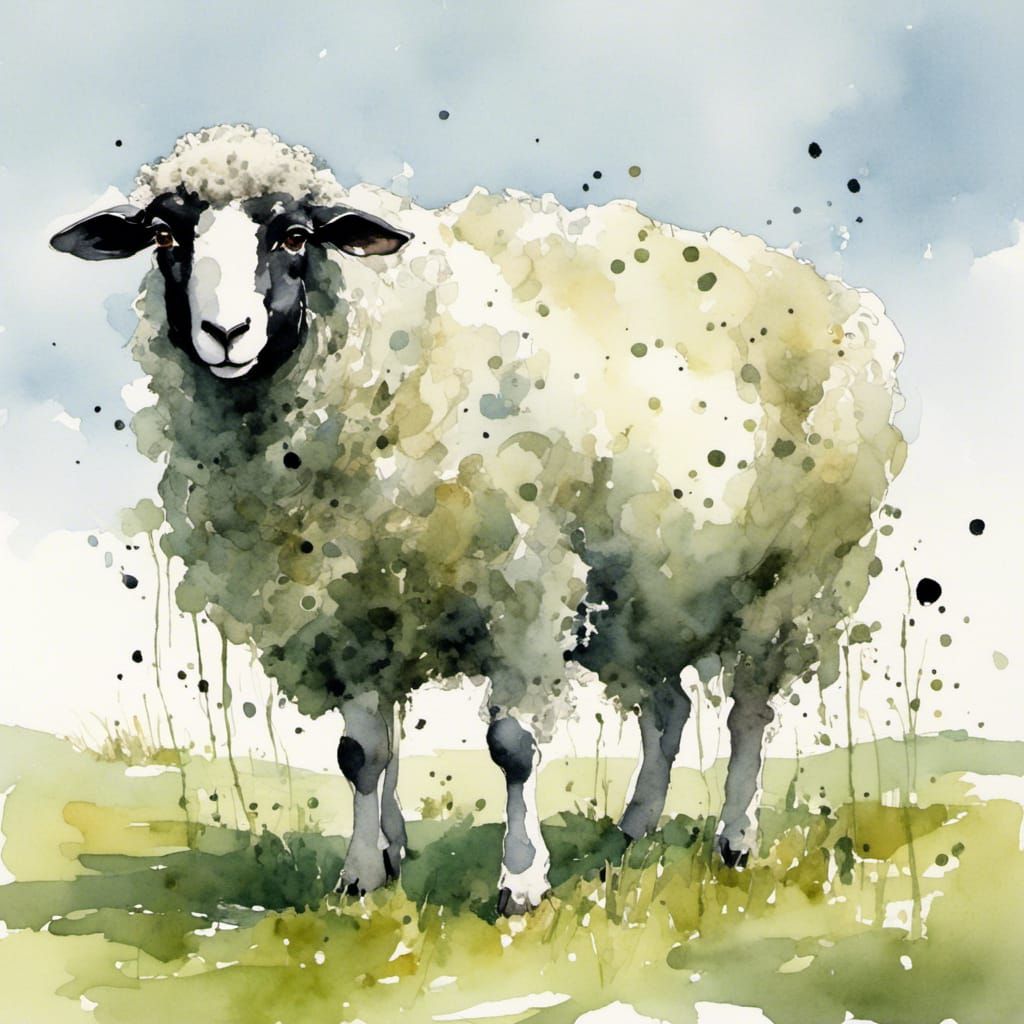 Black Spotted Sheep Grazing in Watercolor Pasture