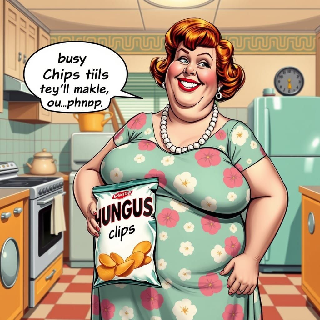 A strange 1950s advert for CHUNGUS Chips featuring a morbidly obese housewife a speech bubble says "buy CHUNGUS Chips, t...