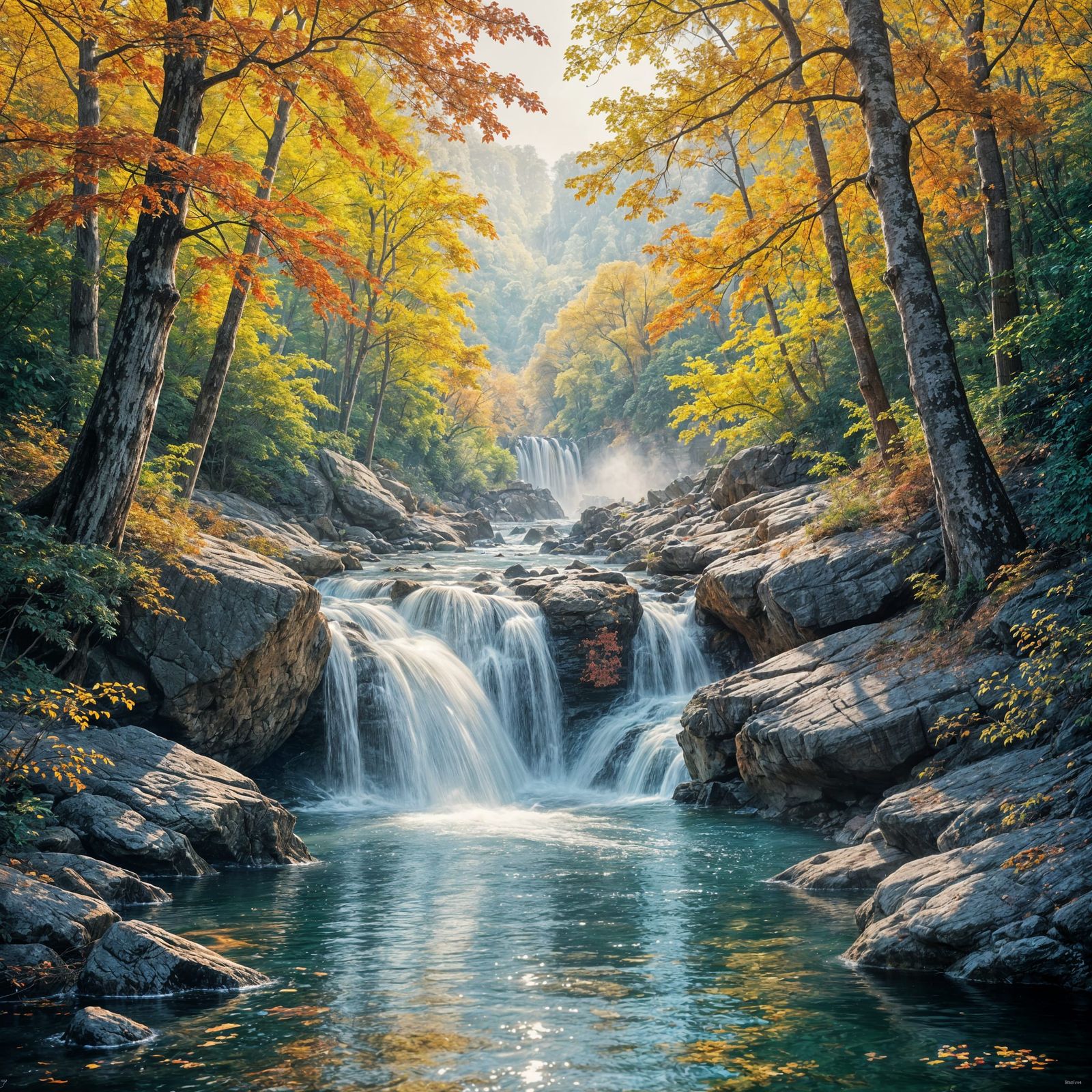 Autumn Waterfall in Misty Forest