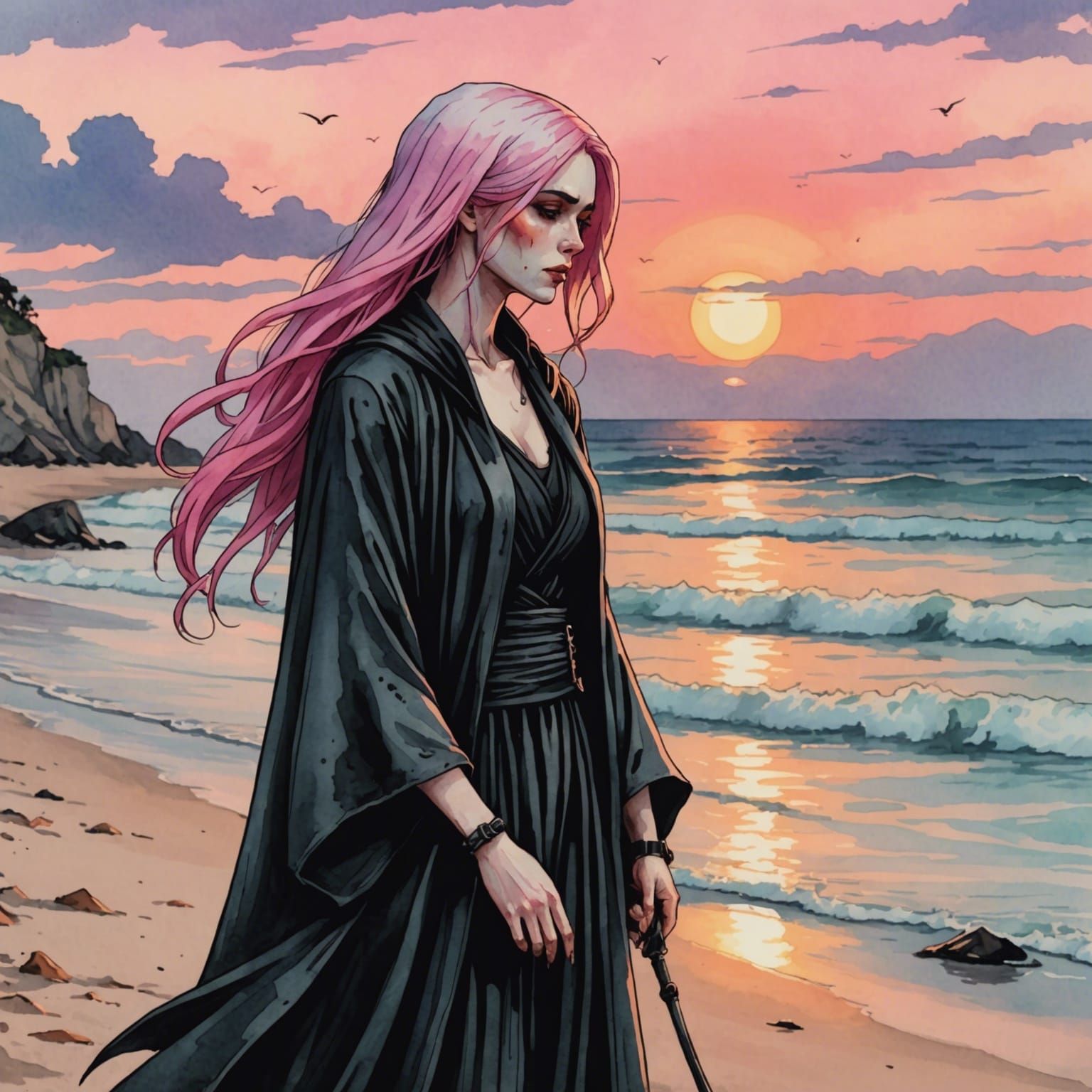Pink-Haired Reaper Crying at Sunset, Watercolor Style