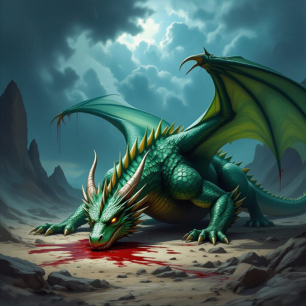 Emerald Dragon Decapitated in Dark Fantasy Art