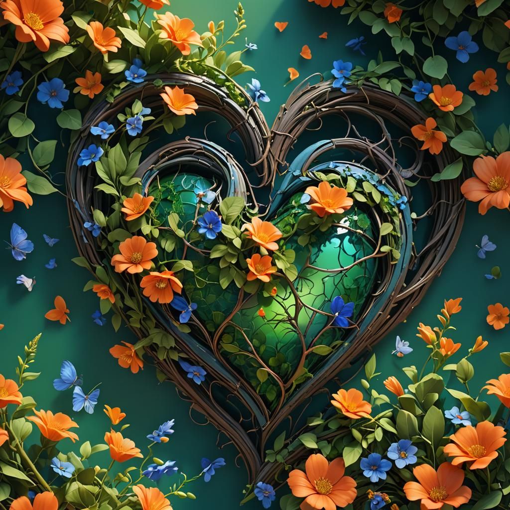 Ethereal Fantasy Concept: Broken Heart Entwined with Flowers...