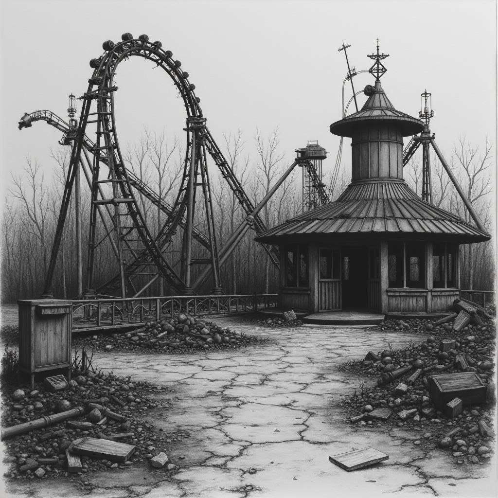 Abandoned Amusement Park in Charcoal Drawing Style