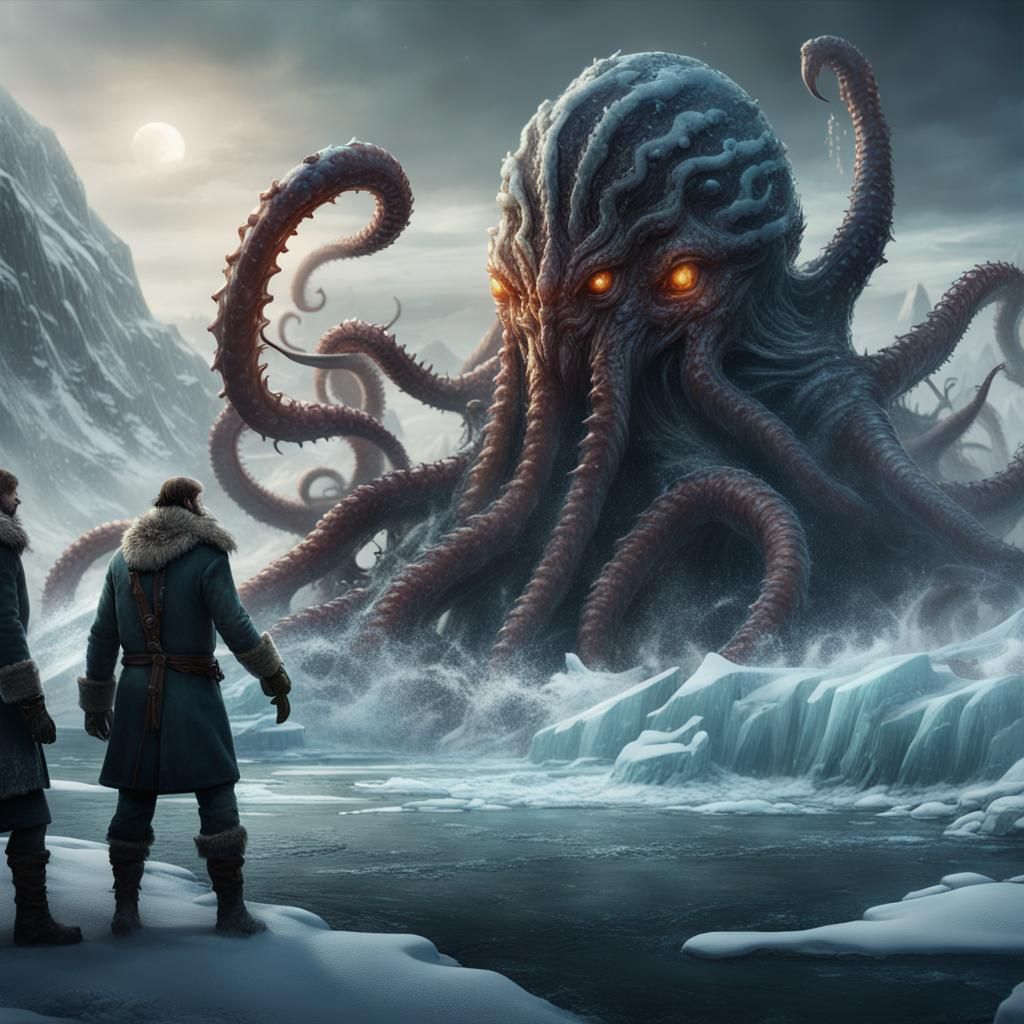 Norsemen vs Tentacled Monster on Icy Shore