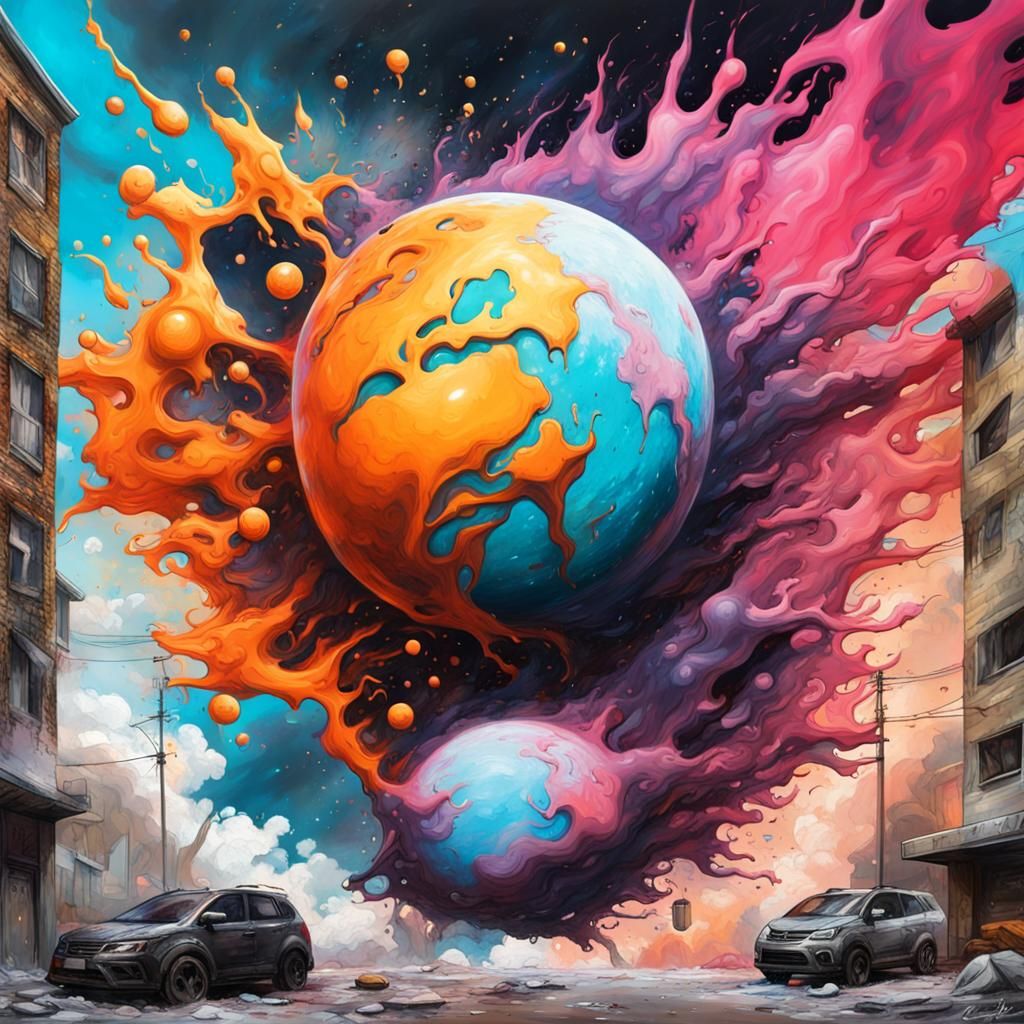 Planetary Collision in Graffiti Art Style