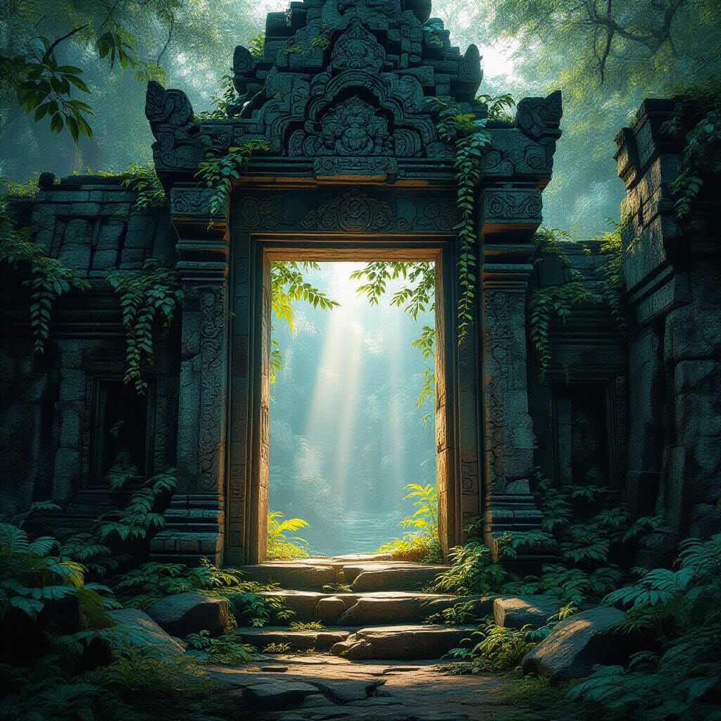 Bioluminescent Temple Doorway in Surreal Style