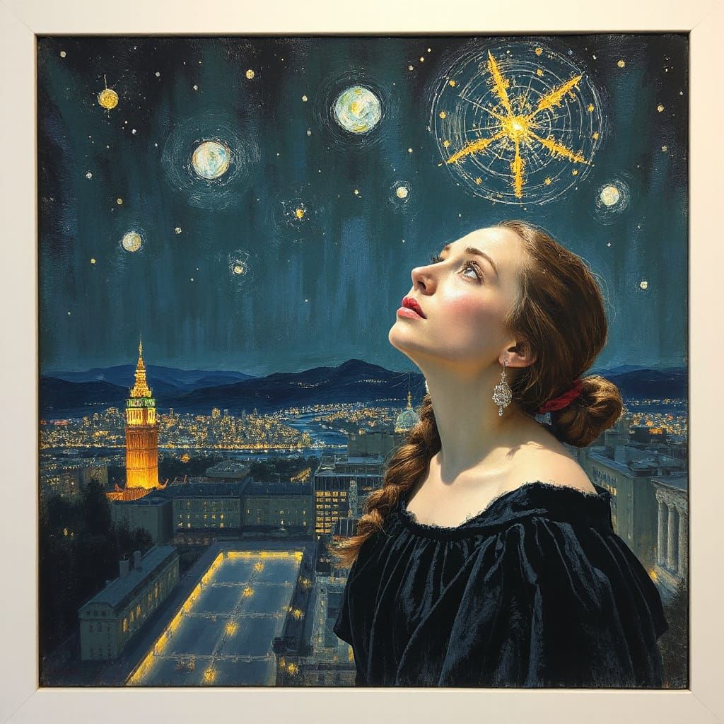 Female Stargazer in Glimmering City at Night