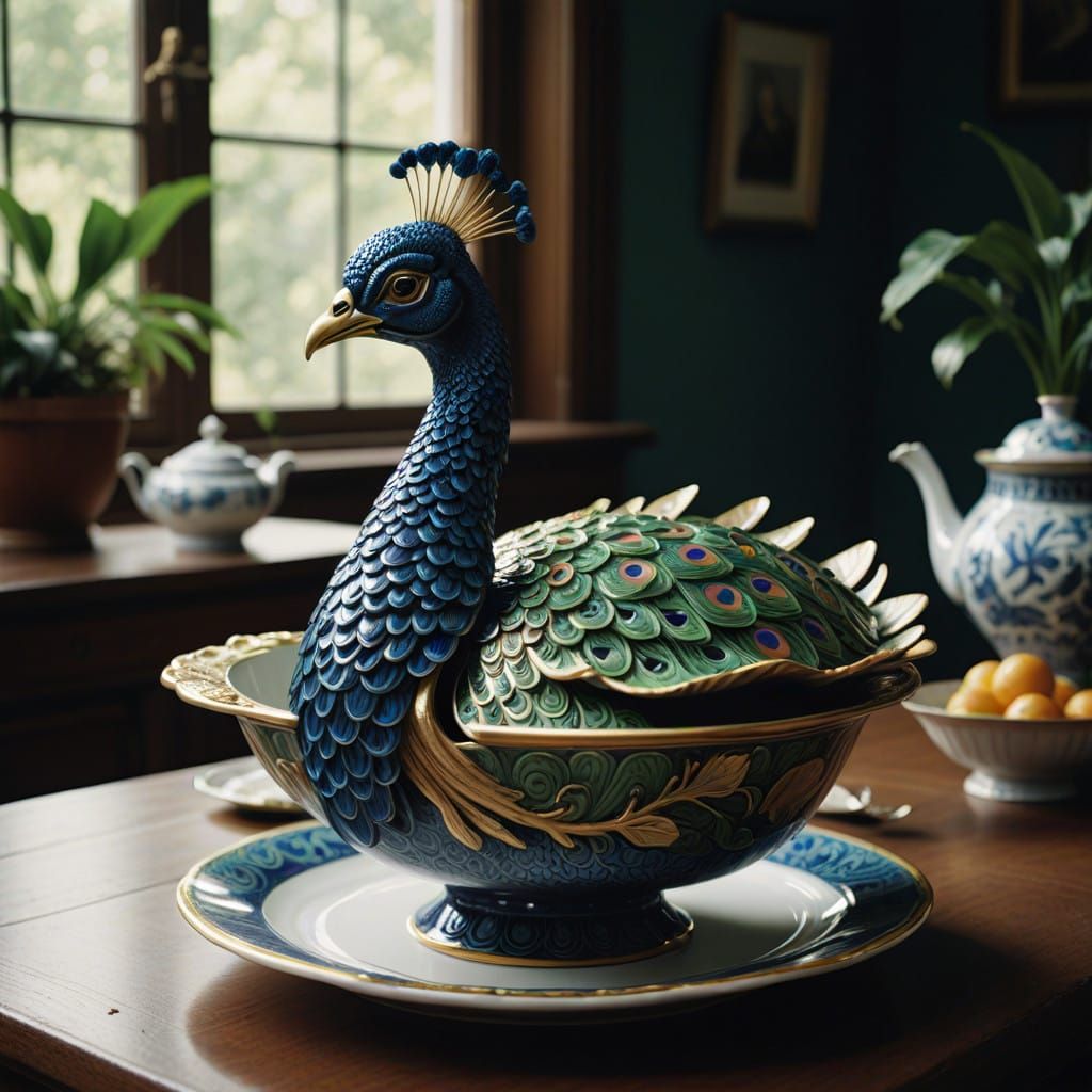 Elegant Porcelain Peacock Tureen in Cinematic Style
