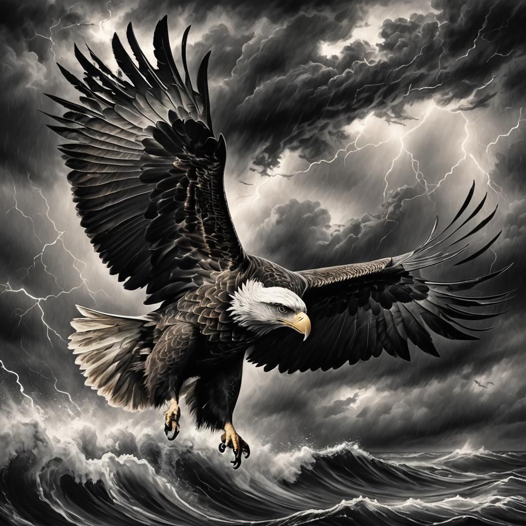 Eagle Soaring Over Stormy Sea, Charcoal Drawing