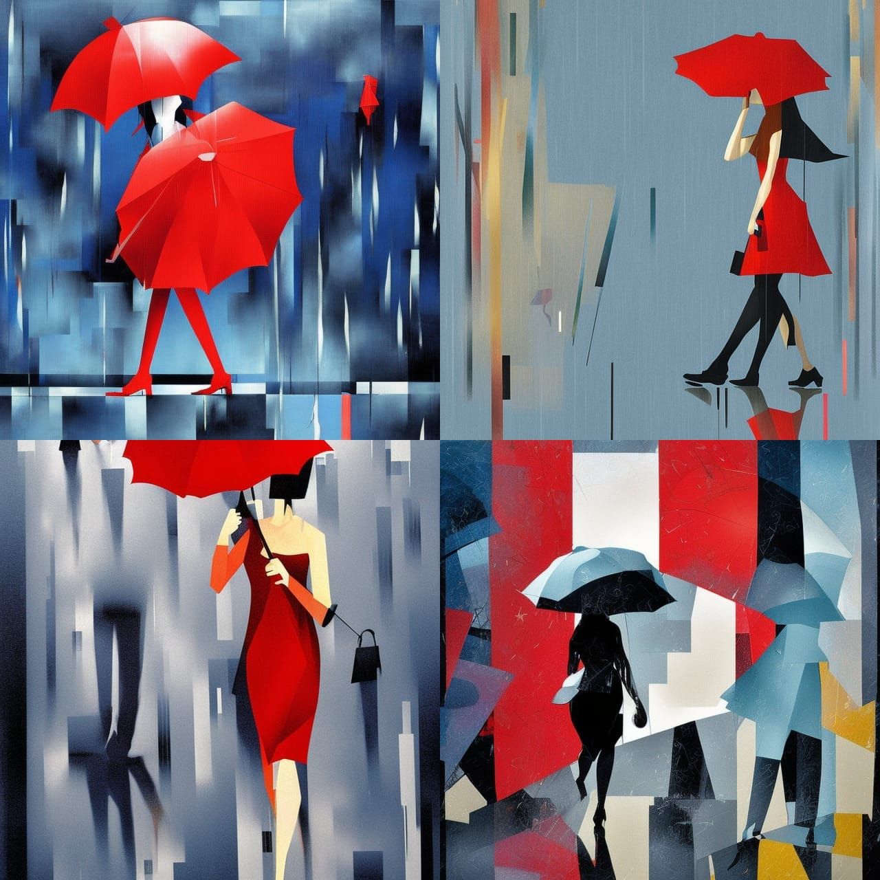 Woman with Red Umbrella in Rainy Street Scene