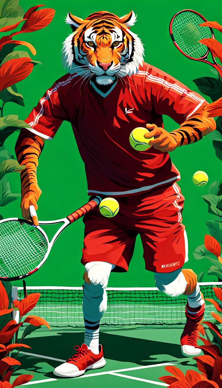 Tennis Showdown: Tiger vs Crocodile in Digital Painting