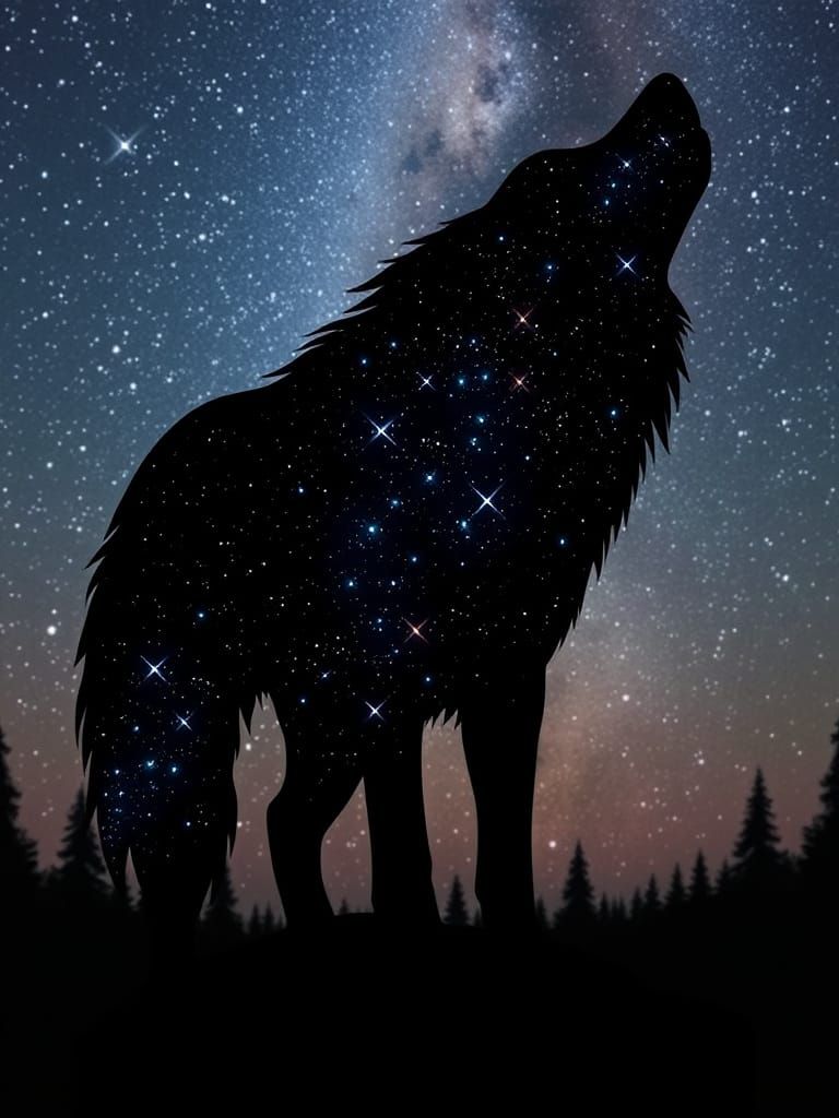 Wolf Silhouette Against a Starry Night Sky