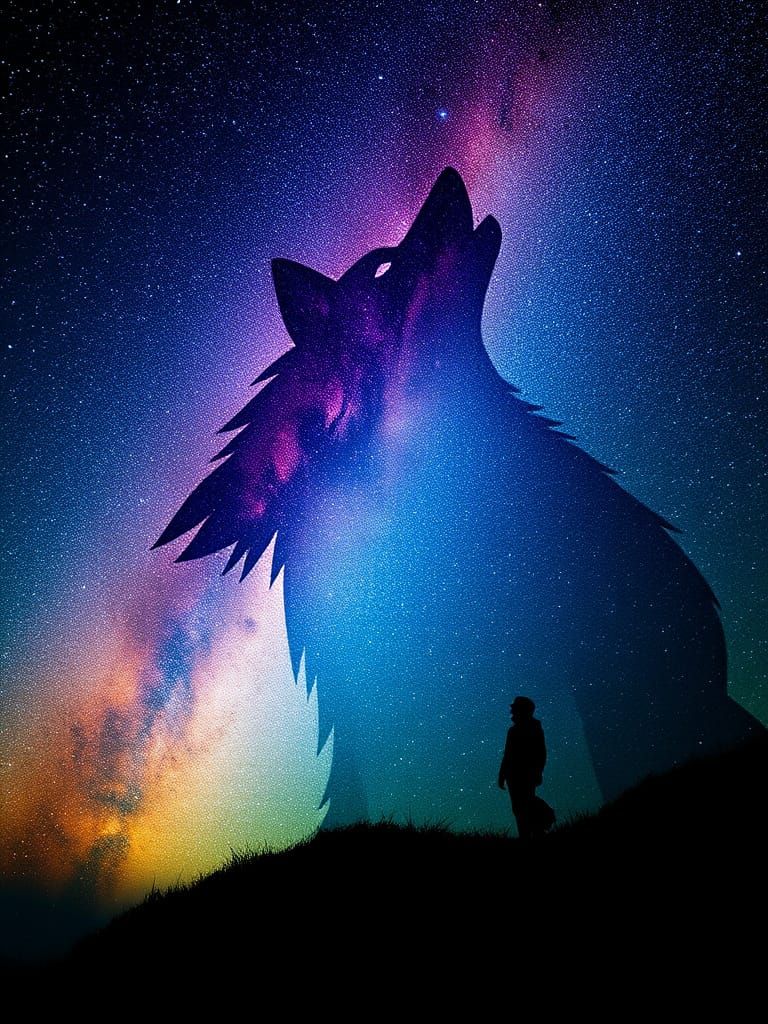 Wolf Silhouette Under Starry Night Sky