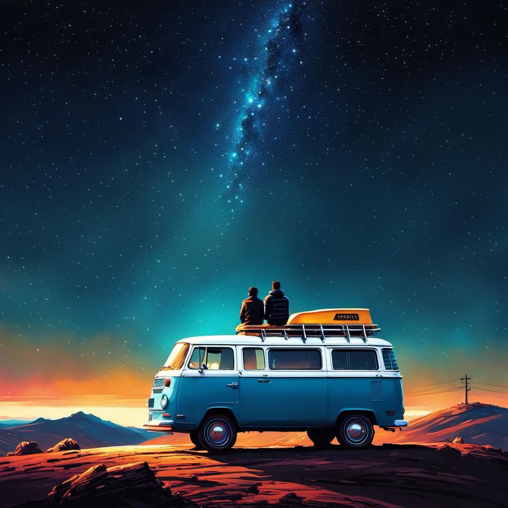 two friends perched atop a vintage van
