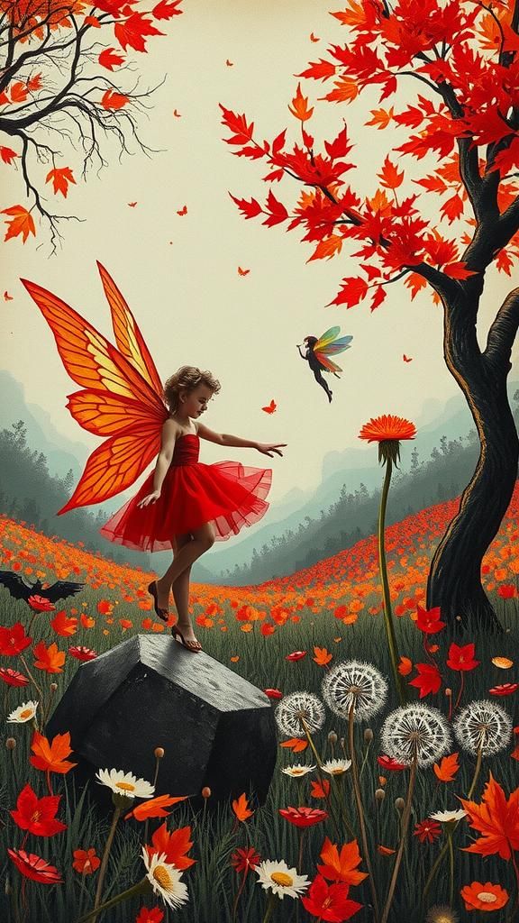 Vibrant Fairy Dance in Surreal Autumn Landscape