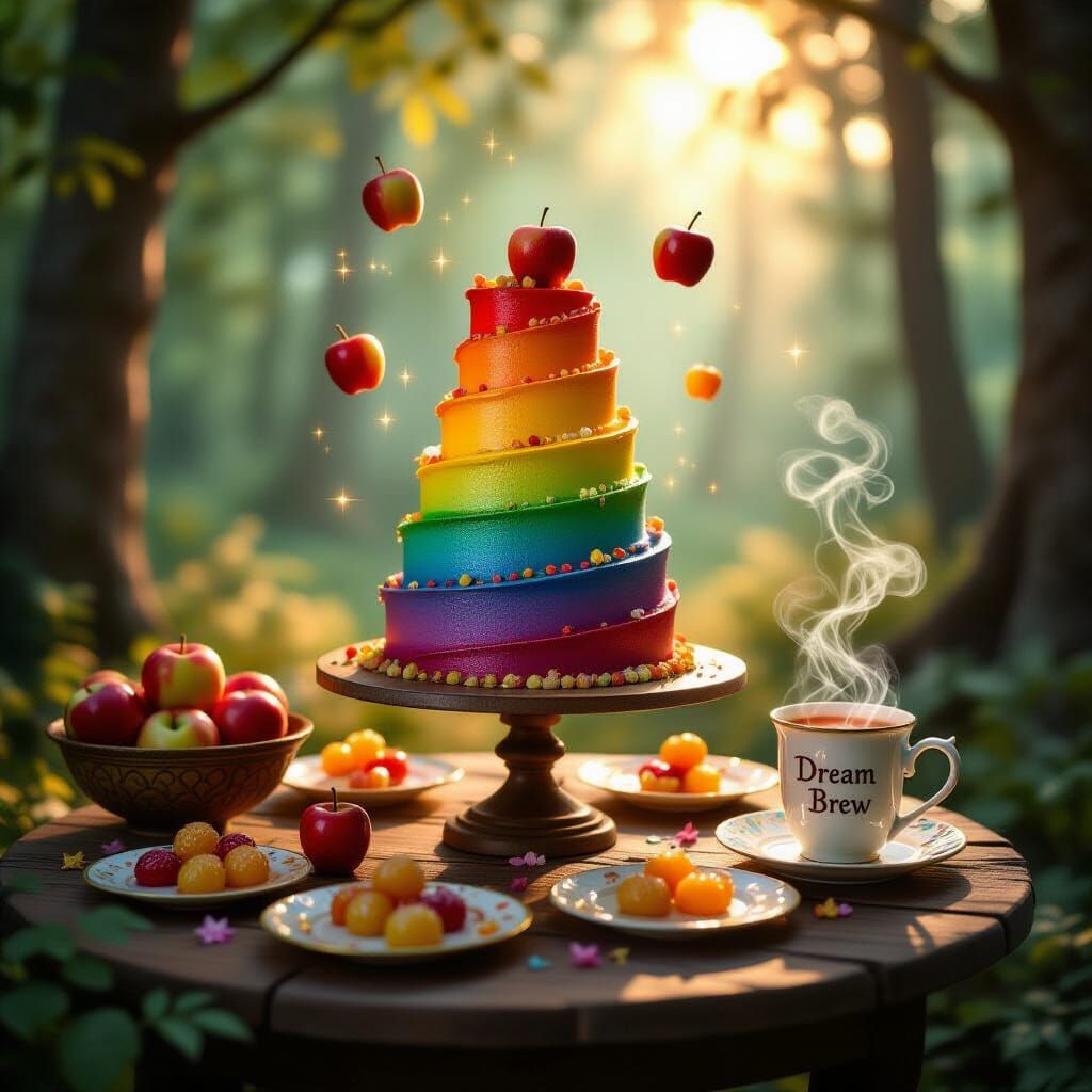Magical Forest Feast with Rainbow Cake and Levitation