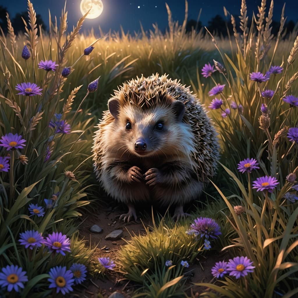 Hedgehog Peeks Out Under Crested Moon