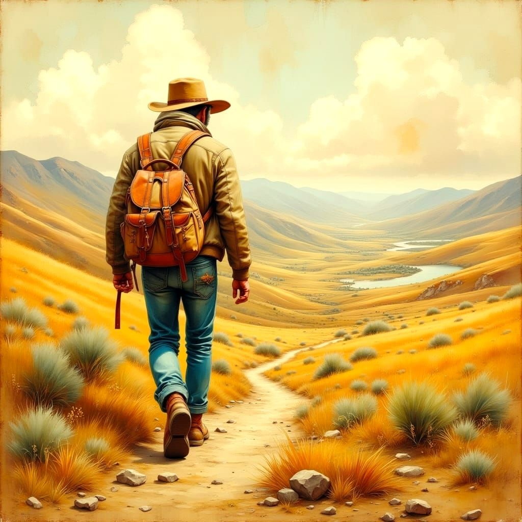 Person Walking Into Morning Sunlight, Pastel Art