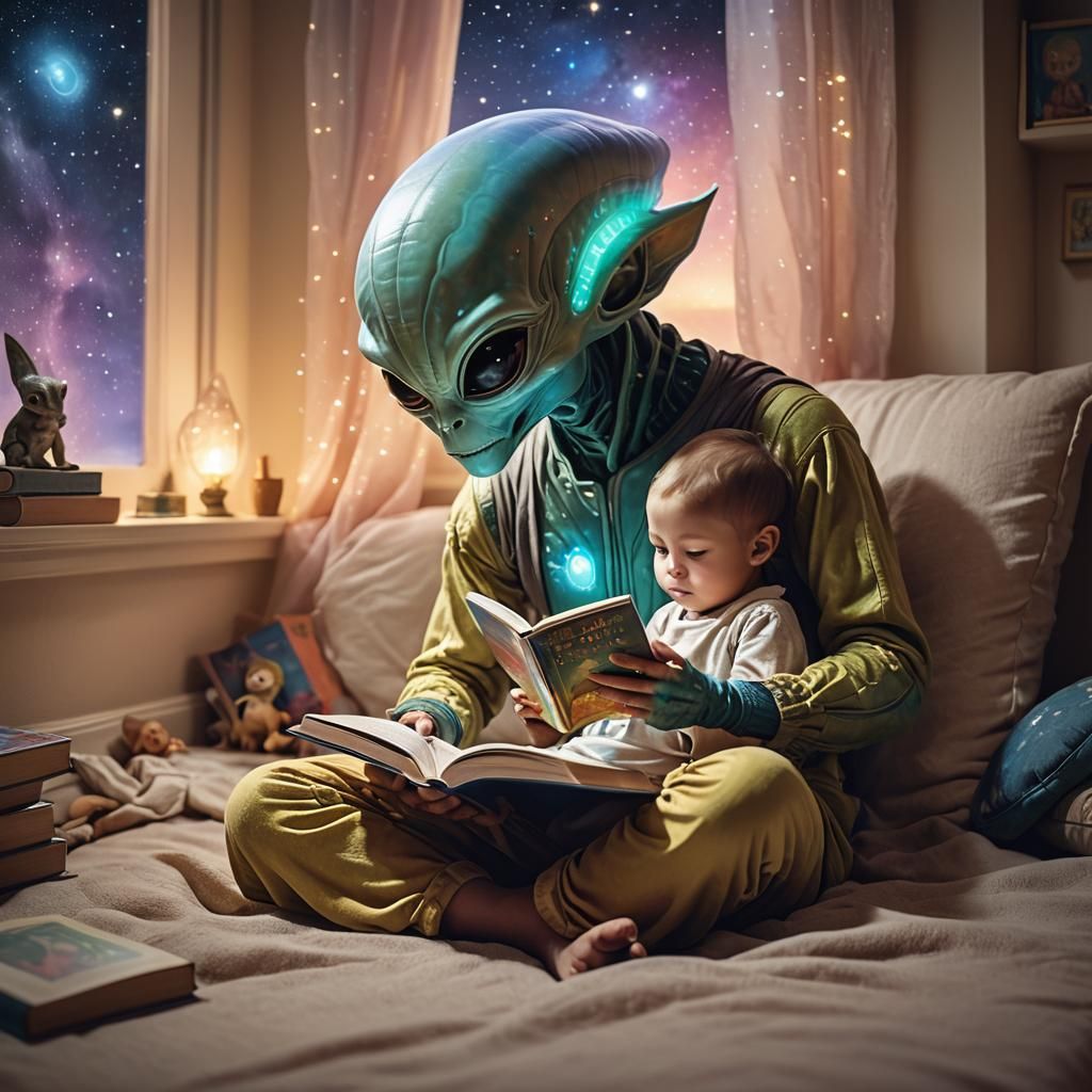 Surreal Alien Reads to Child in Ethereal Light