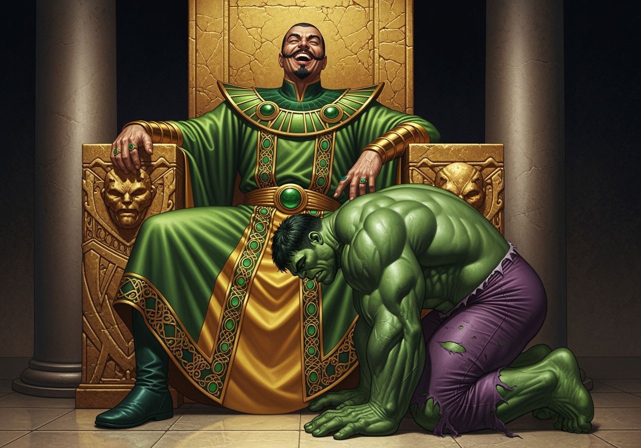 Mandarin on Throne with Submissive Hulk in Comic Art