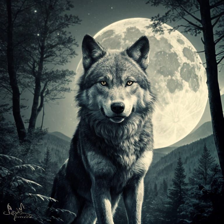 Pointillist Wolf Howling at Moon