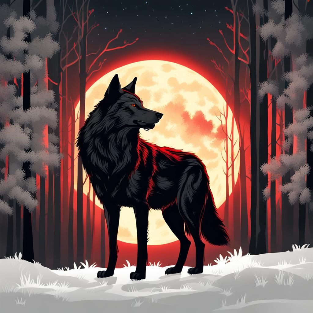 Golden Horned Wolf in Moonlight Forest