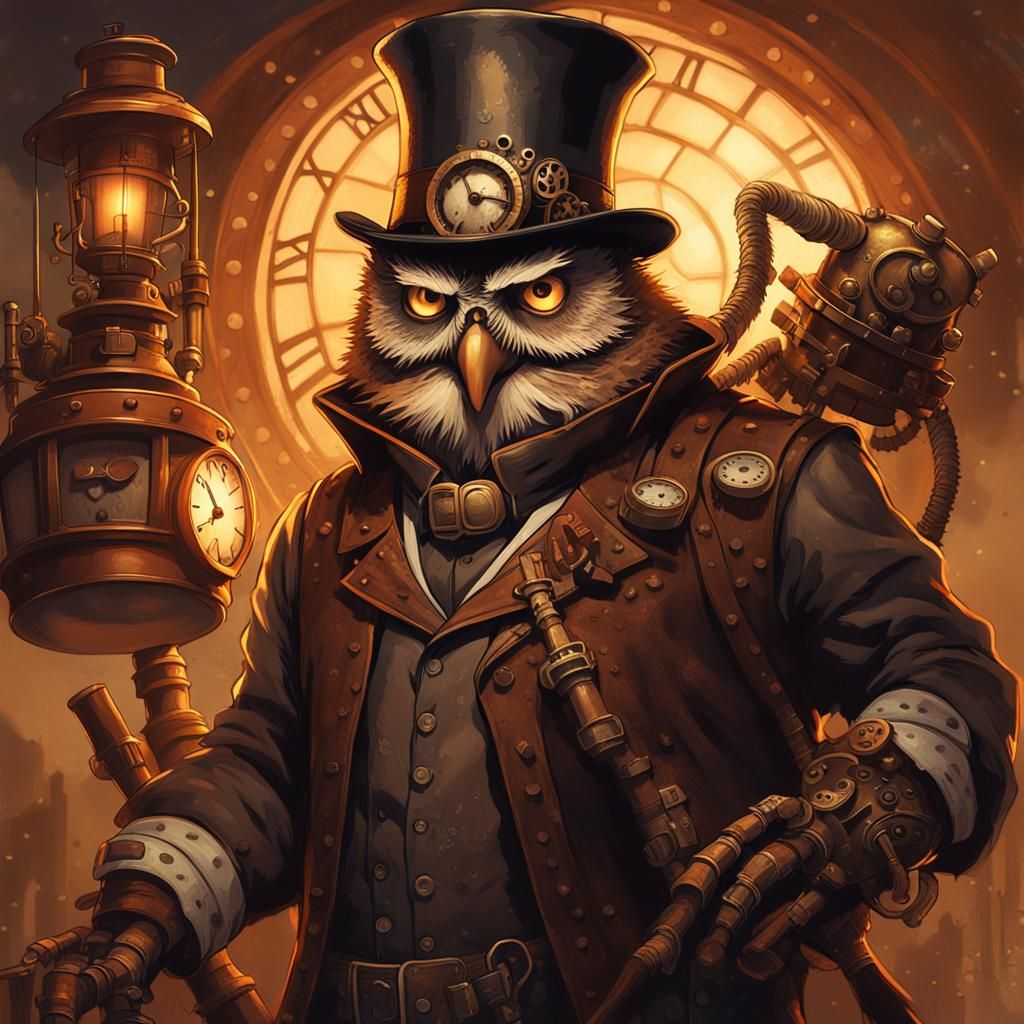 Steampunk Owlbear Cyborg Portrait in Industrial Lighting