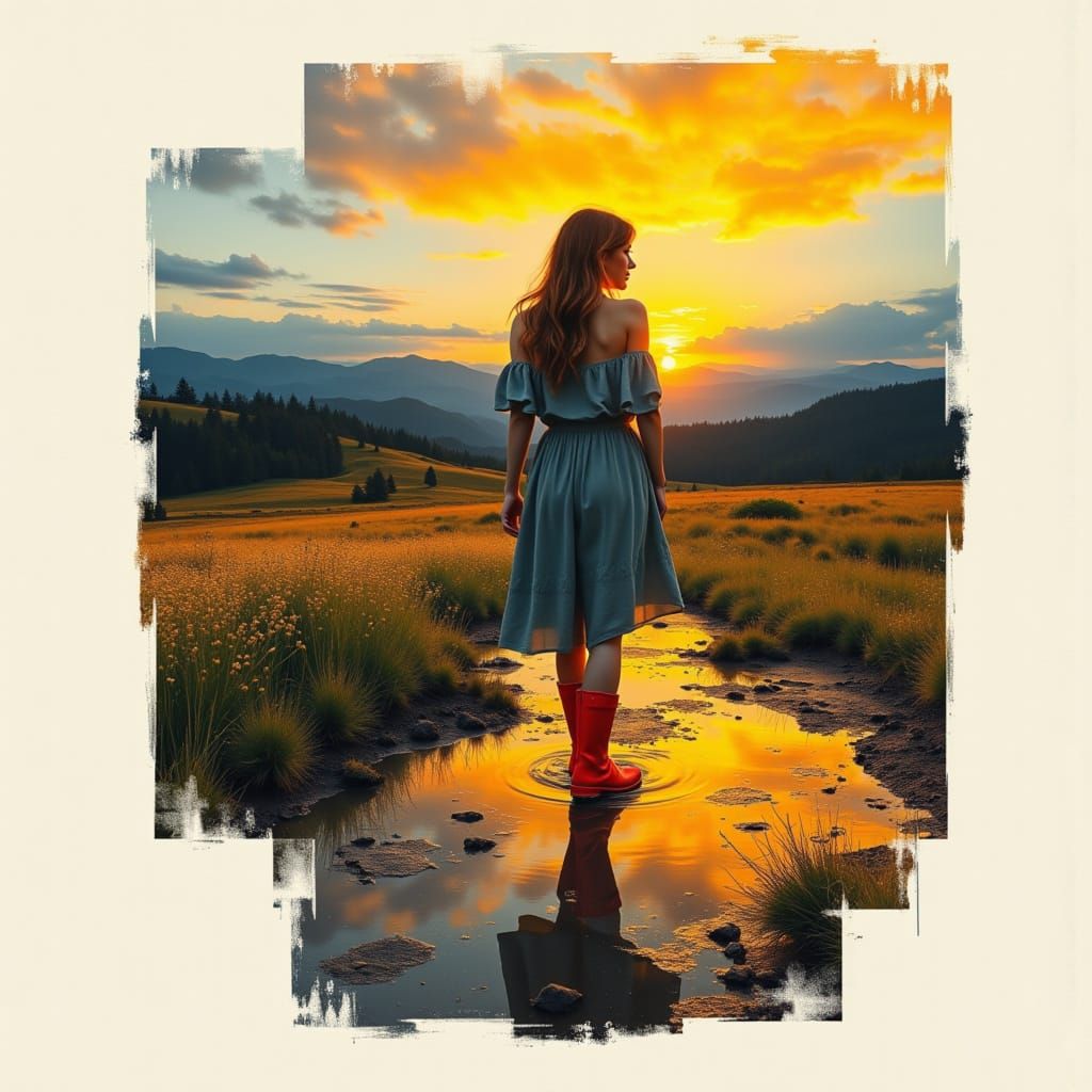 Person Splashing in Puddles Amidst Golden Sunset