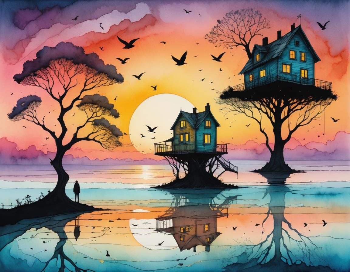 Surreal Ocean Sunset: Pen and Ink Illustration