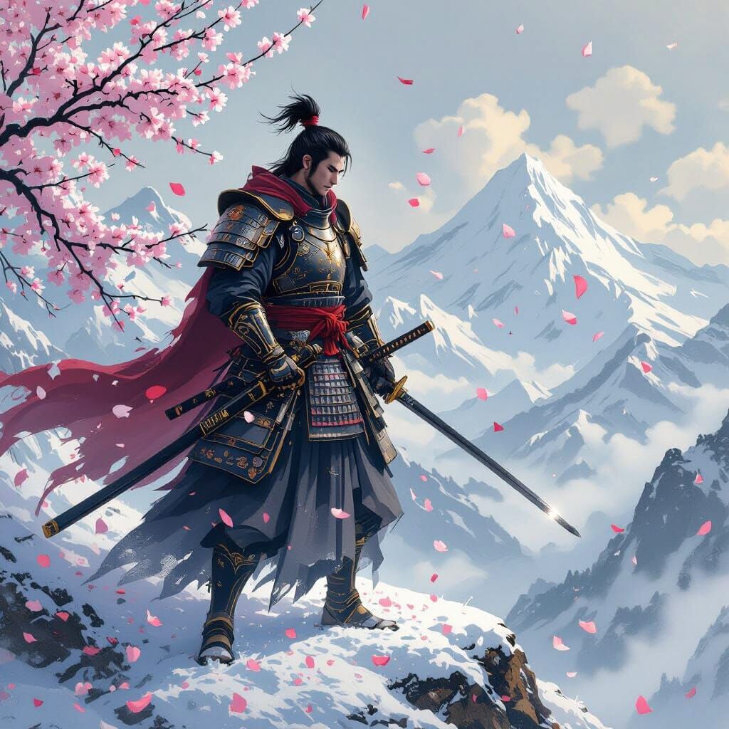 Samurai on Snowy Mountain with Cherry Blossoms
