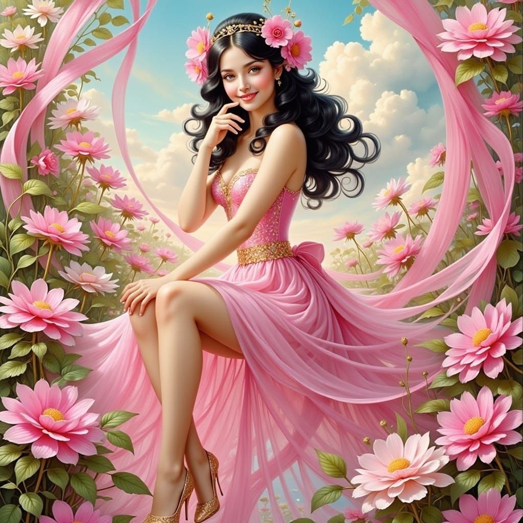 Pink Haired Pin-Up Girl in Alphonso Mucha Style