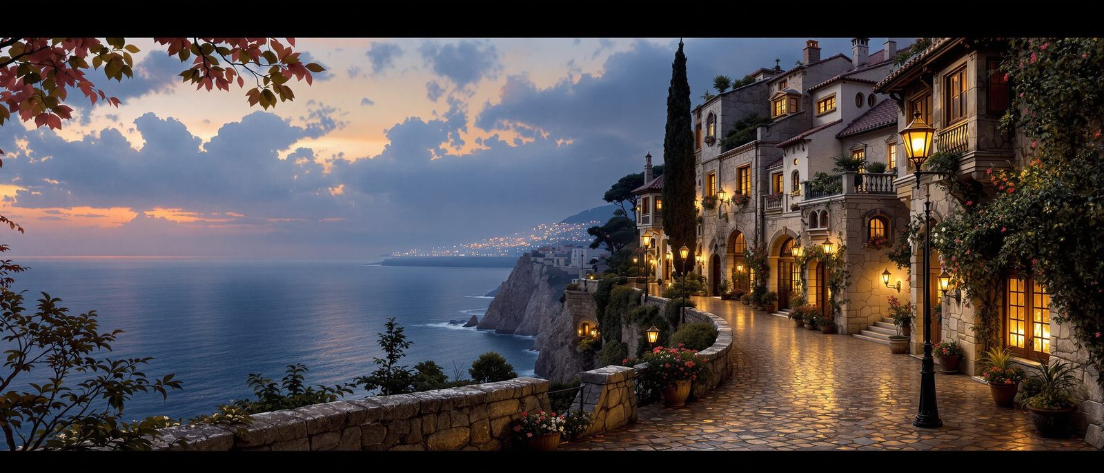 Old City Street at Sunset With Ocean View