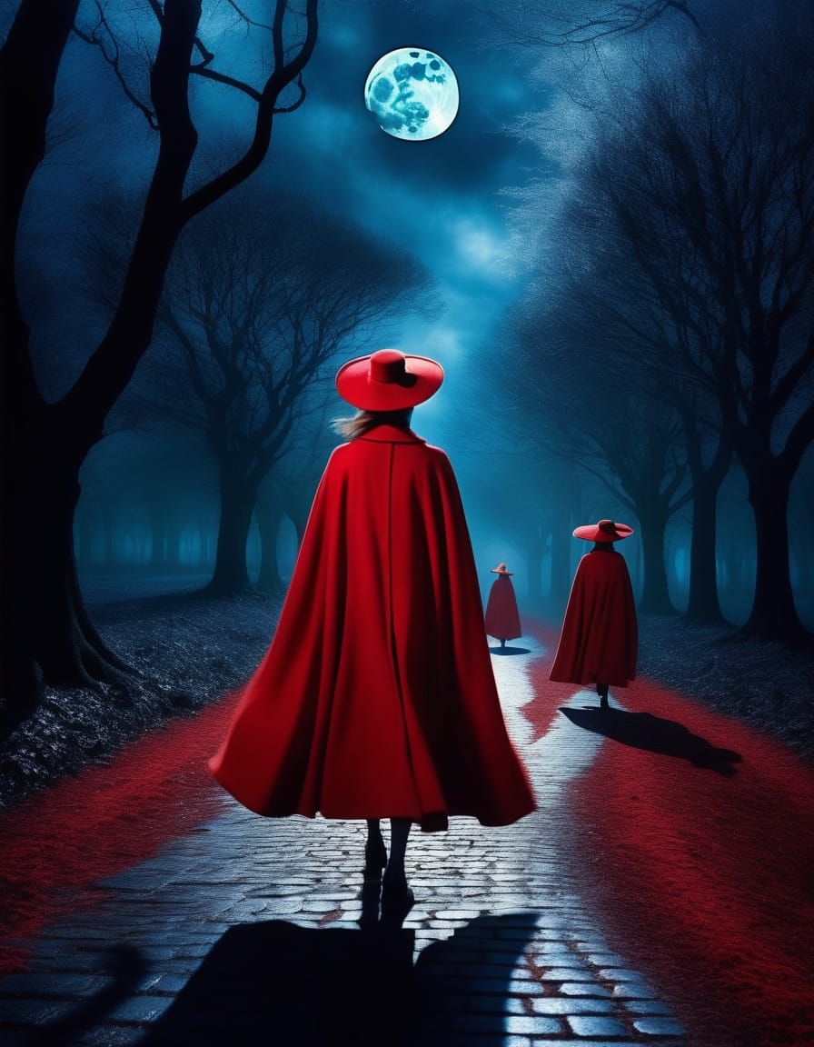 Women in Red Capes Approach Under a Full Moon