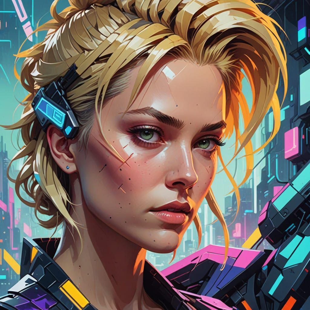 Low-Poly 90s Cyberpunk Woman Portrait in Neon
