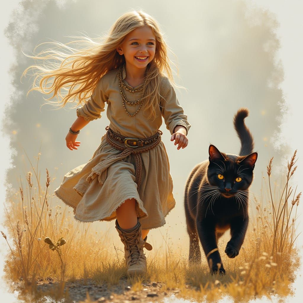 Happy Hippie Girl and Cat: Airbrush Macro Shot