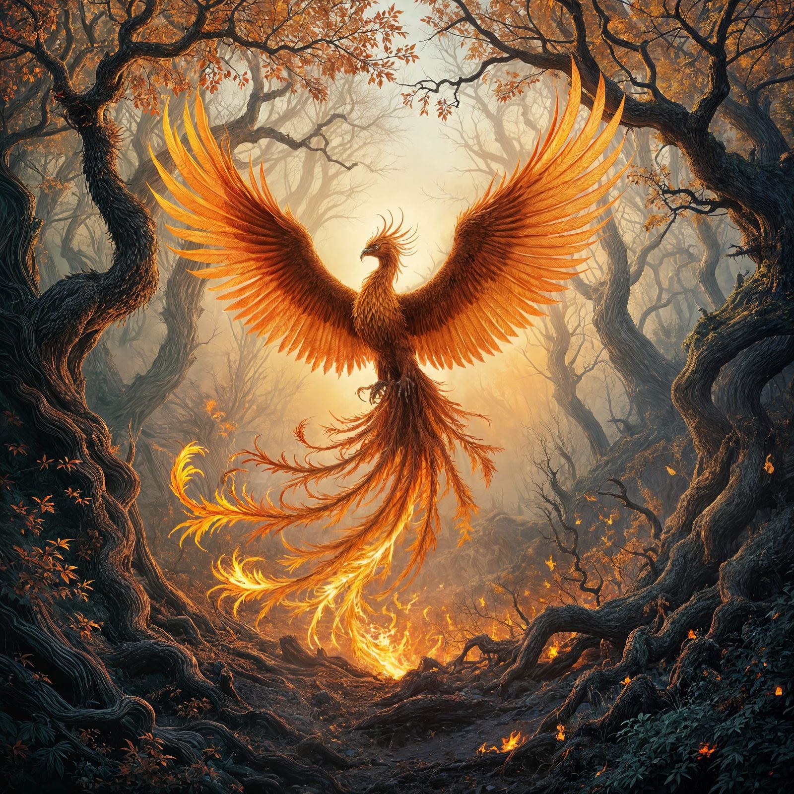 Golden Phoenix Rises in Ethereal Forest