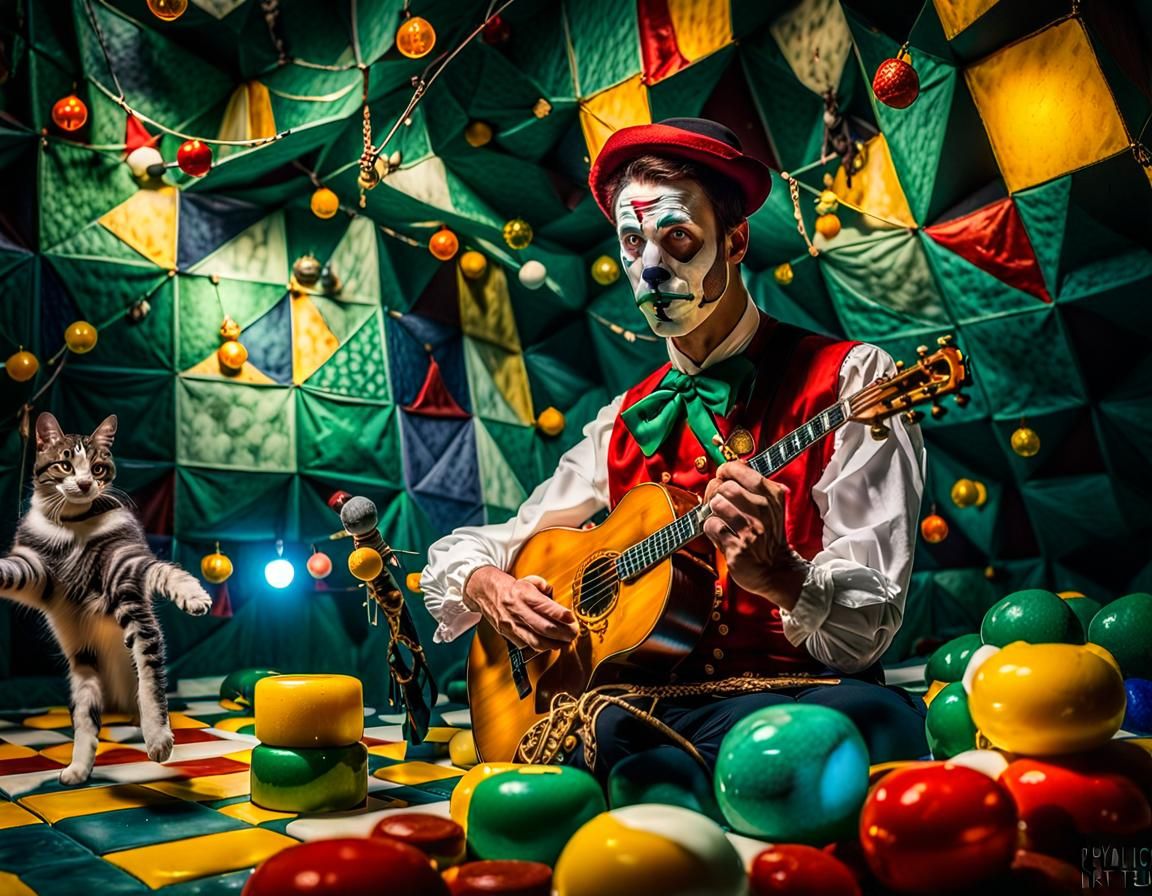 circus scene ring, trapeze artists, clowns, trained horses and dogs, feline tamers, honeycomb structure, Mescaline art, ...