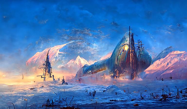 Alien Battleship in Winter Landscape: Sci-Fi Surrealism