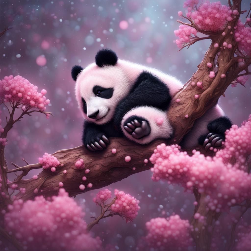 Baby Panda Sleeping in a Winter Flower Garden