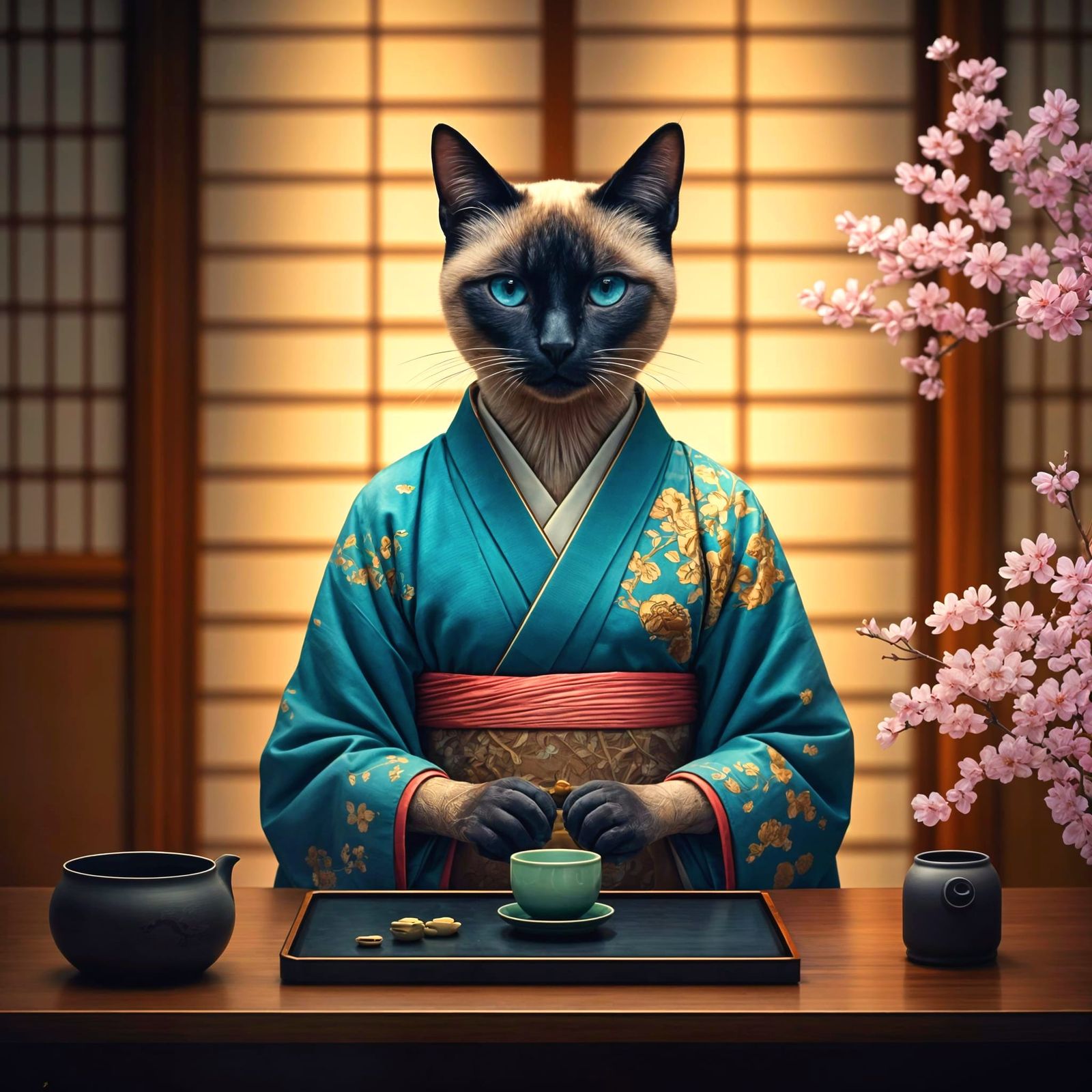Anthropomorphic Cat Conducts Tea Ceremony