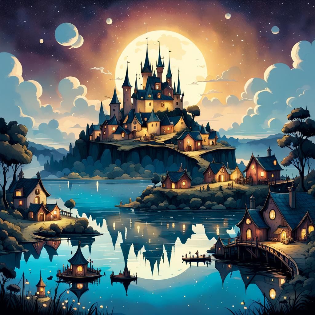 Whimsical Fairy Village on Tranquil Lake