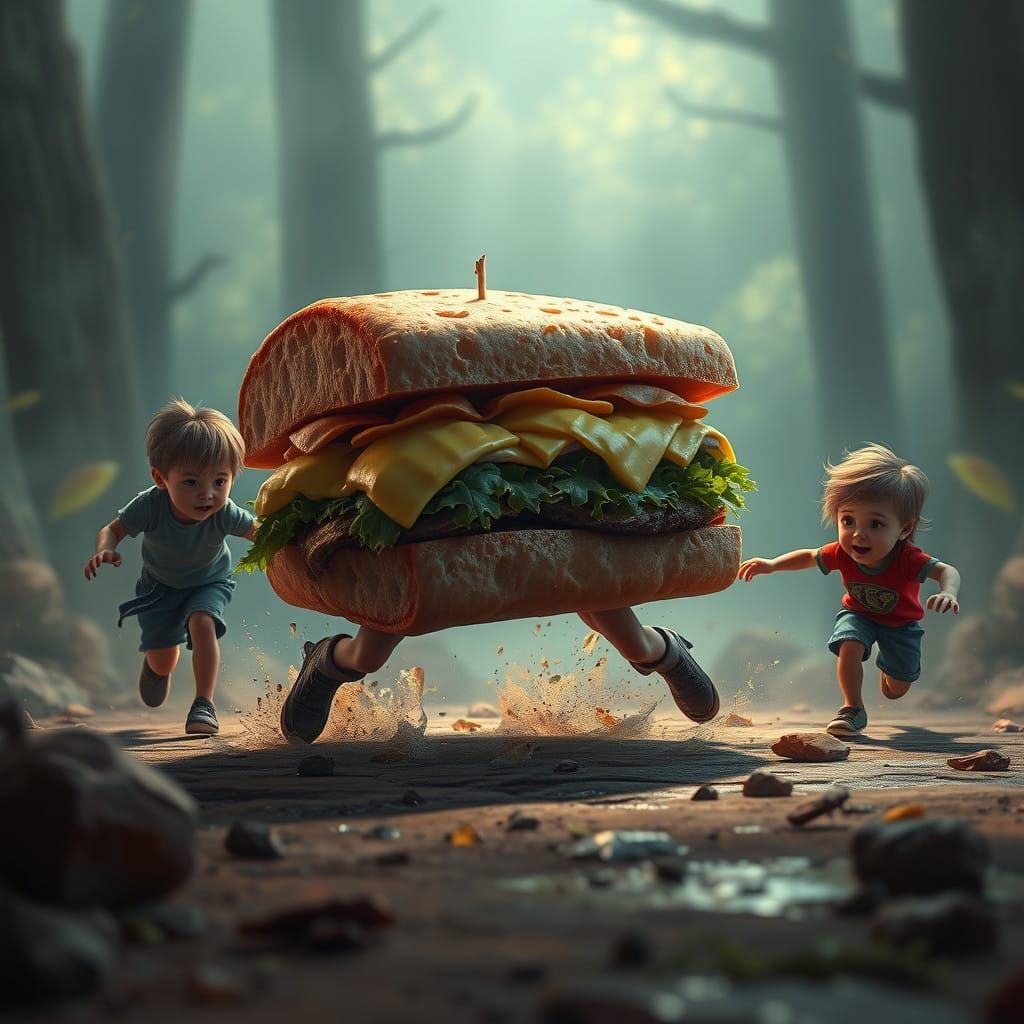Fantastical Sandwich Chases Children in a Whimsical Landscap...